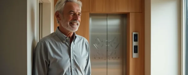 Senior debout devant un monte-charge résidentiel moderne intégré dans une maison, équipement discret et sécurisé favorisant l'autonomie