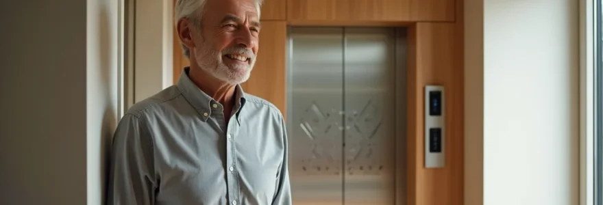 Senior debout devant un monte-charge résidentiel moderne intégré dans une maison, équipement discret et sécurisé favorisant l'autonomie