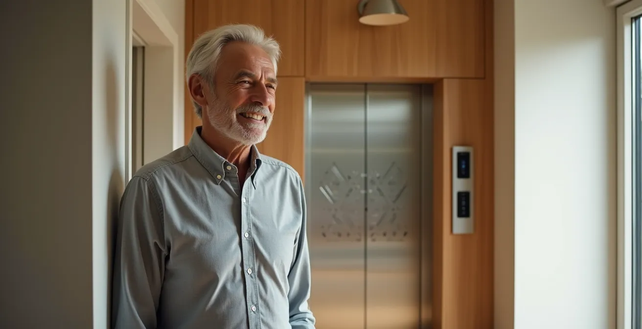 Senior debout devant un monte-charge résidentiel moderne intégré dans une maison, équipement discret et sécurisé favorisant l'autonomie