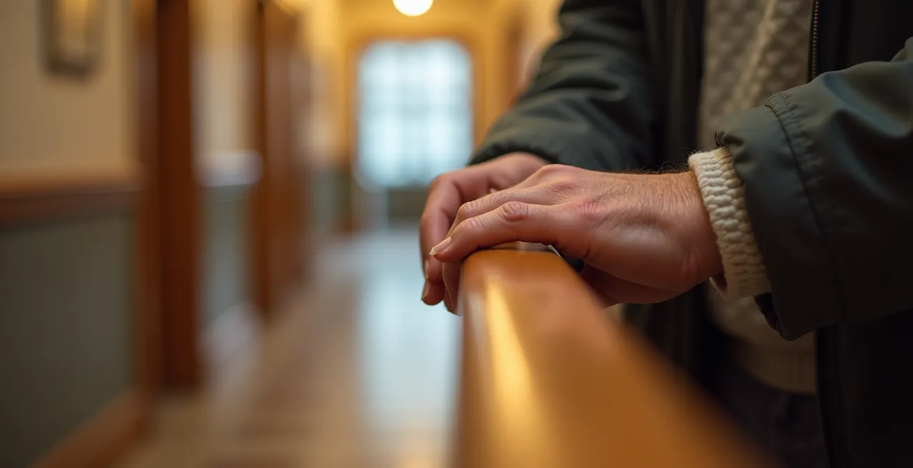 Détail d'une main sur une rampe en bois poli dans un couloir lumineux