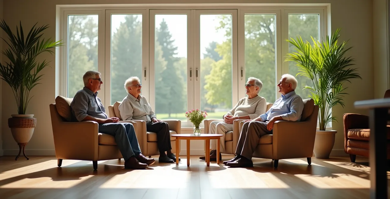Espace commun lumineux d'une résidence senior avec résidents en conversation