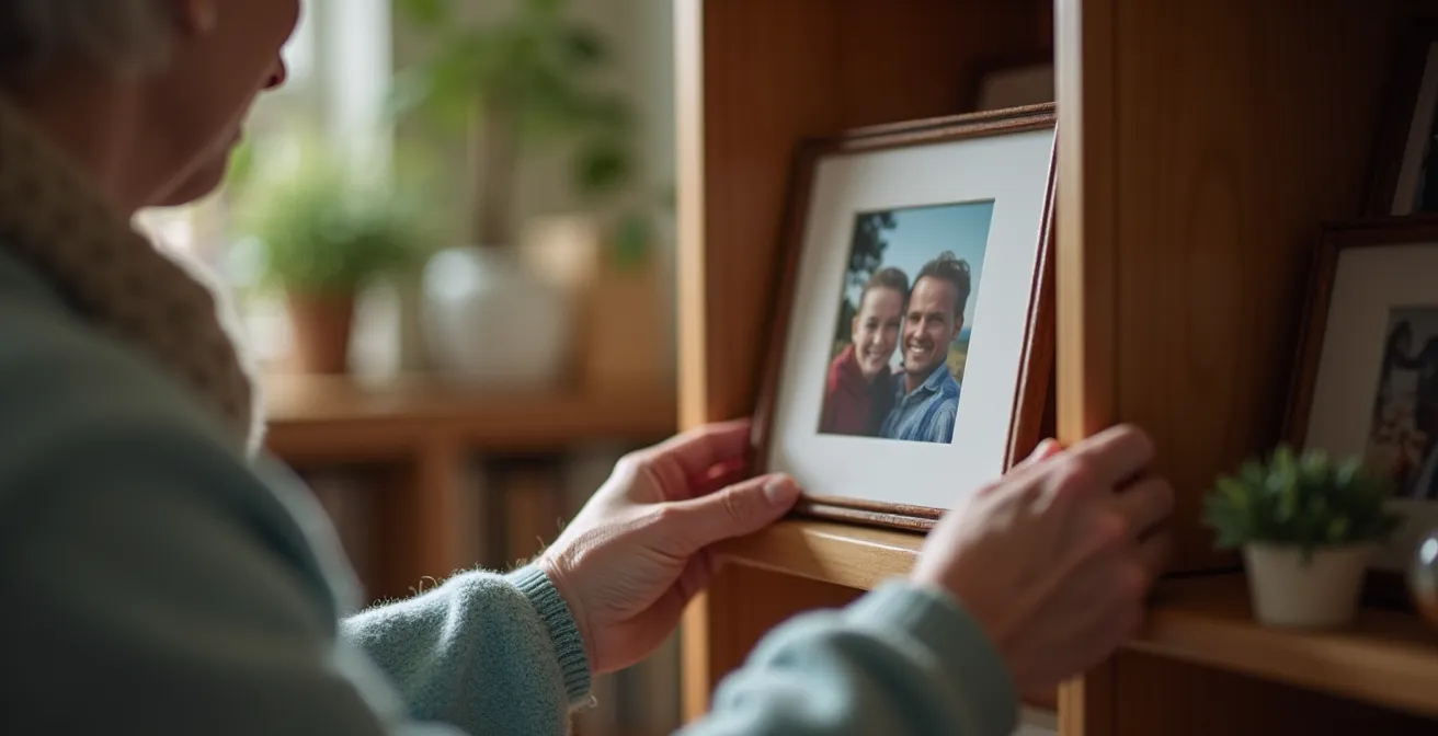 Mains d'une personne âgée arrangeant des photos de famille sur une étagère
