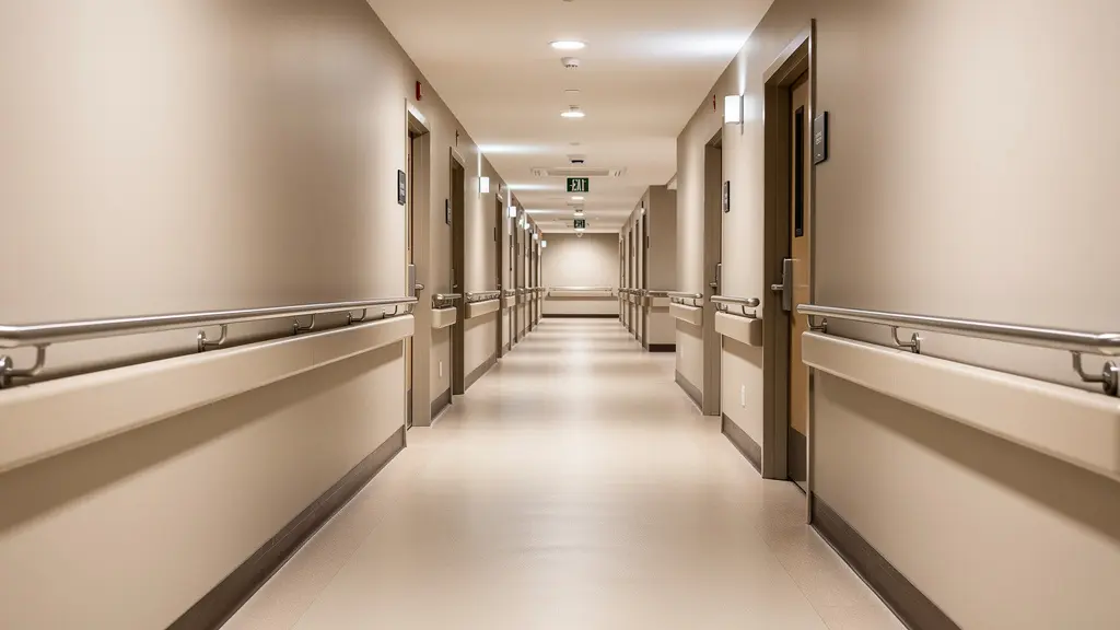 Couloir établissement seniors avec barres d'appui et sol antidérapant équipements sécurité