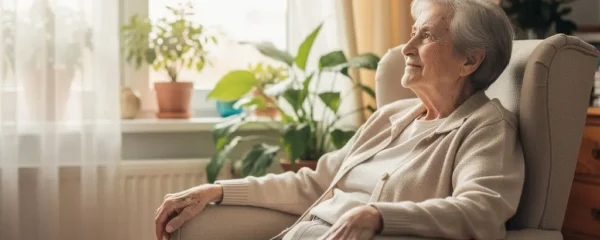 Résident européen senior profitant de la lumière naturelle dans un salon EHPAD chaleureux