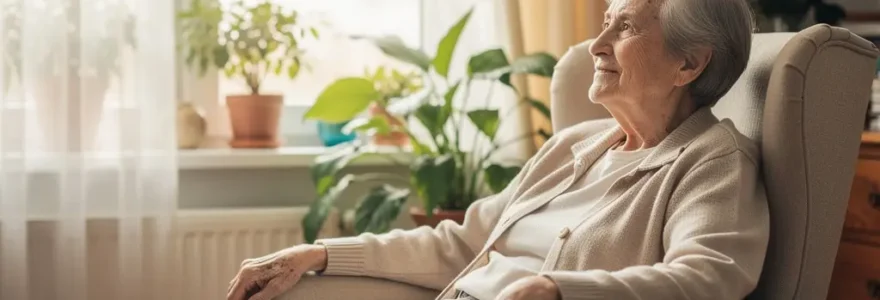 Résident européen senior profitant de la lumière naturelle dans un salon EHPAD chaleureux