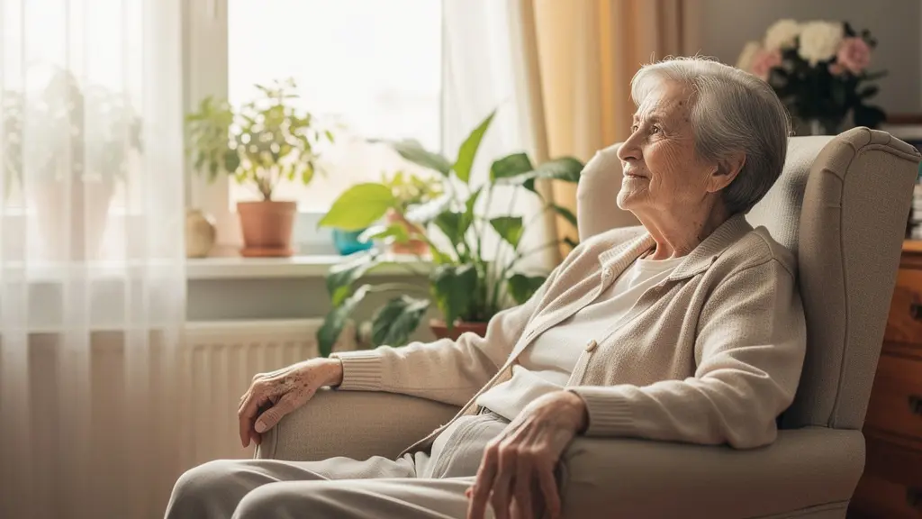Résident européen senior profitant de la lumière naturelle dans un salon EHPAD chaleureux
