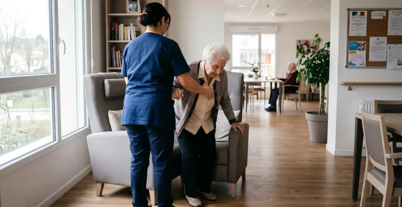 Aide-soignante en tenue professionnelle vue de dos aidant une personne âgée à se lever d'un fauteuil dans environnement EHPAD lumineux