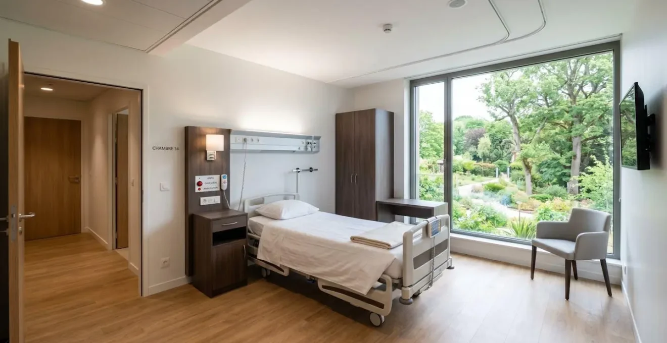 Chambre EHPAD contemporaine vide avec lit médicalisé, appel malade et grande baie vitrée donnant sur jardin