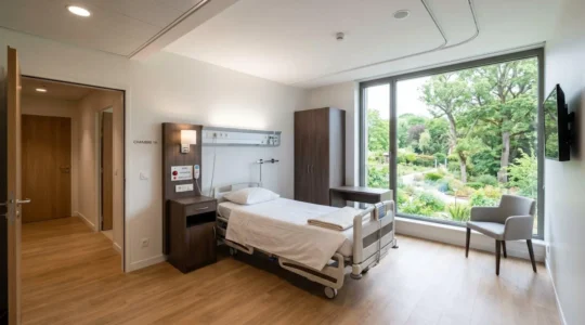 Chambre EHPAD contemporaine vide avec lit médicalisé, appel malade et grande baie vitrée donnant sur jardin