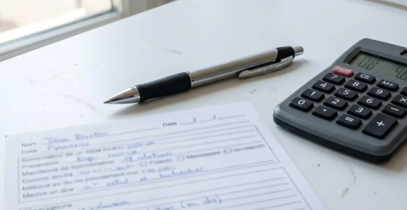 Gros plan sur grille d'évaluation médicale avec texte flouté, stylo moderne et calculatrice en arrière-plan flou sur bureau blanc