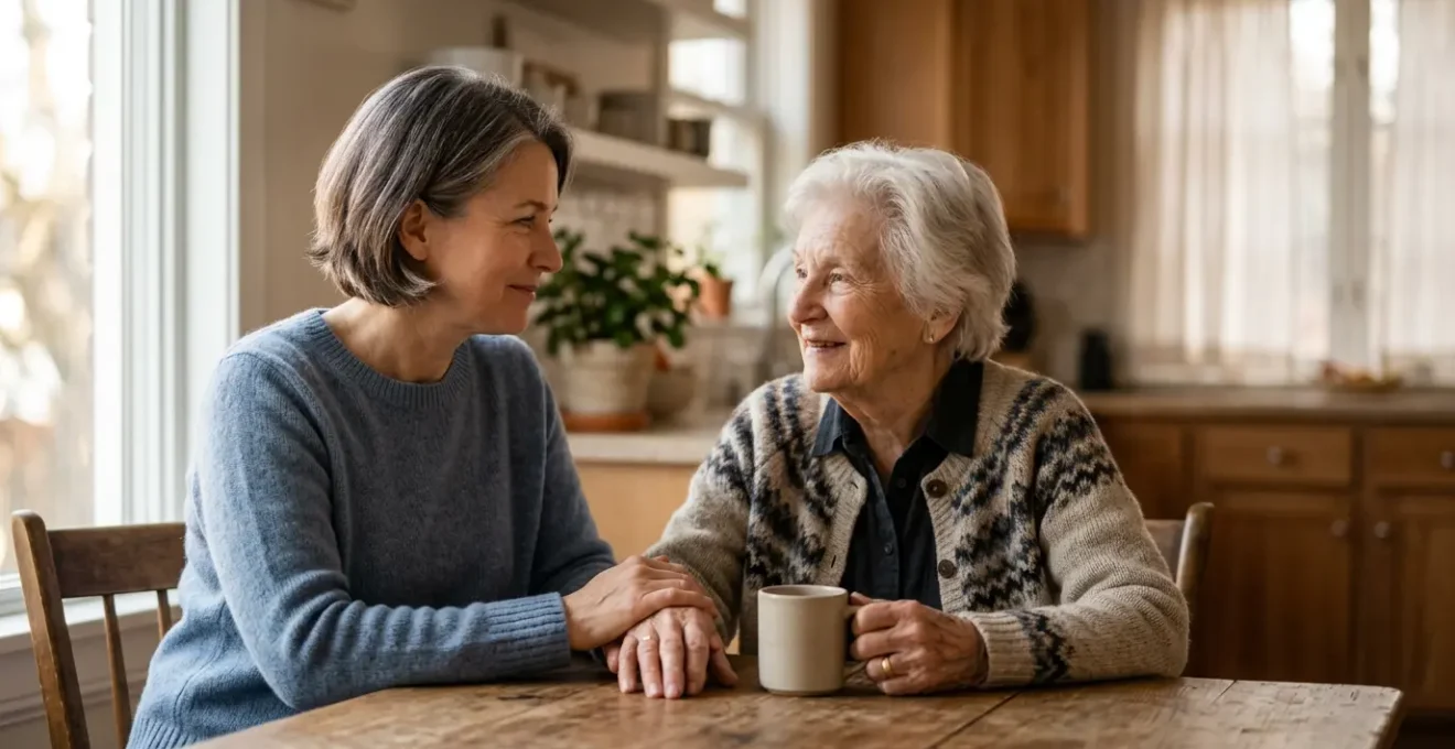Accompagnement bienveillant d'un parent senior à domicile, équilibre entre aide et bien-être personnel