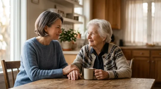 Accompagnement bienveillant d'un parent senior à domicile, équilibre entre aide et bien-être personnel