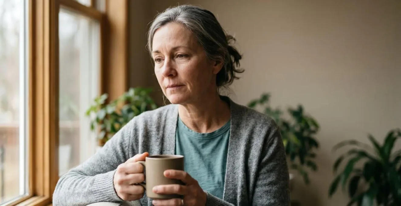 Portrait d'une aidante familiale dans un moment de pause, illustrant l'importance de prendre soin de soi pour accompagner un proche