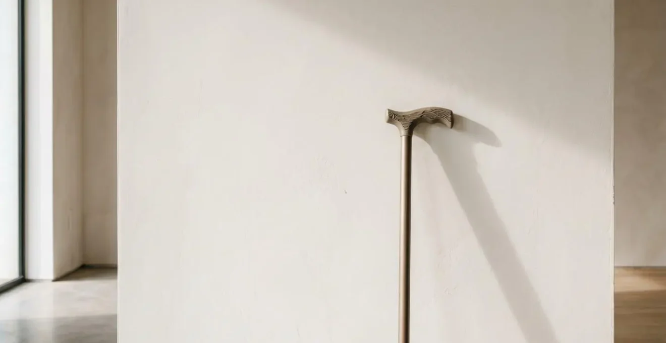 Vue environnementale minimaliste d'une canne ergonomique posée contre un mur lumineux avec espace négatif