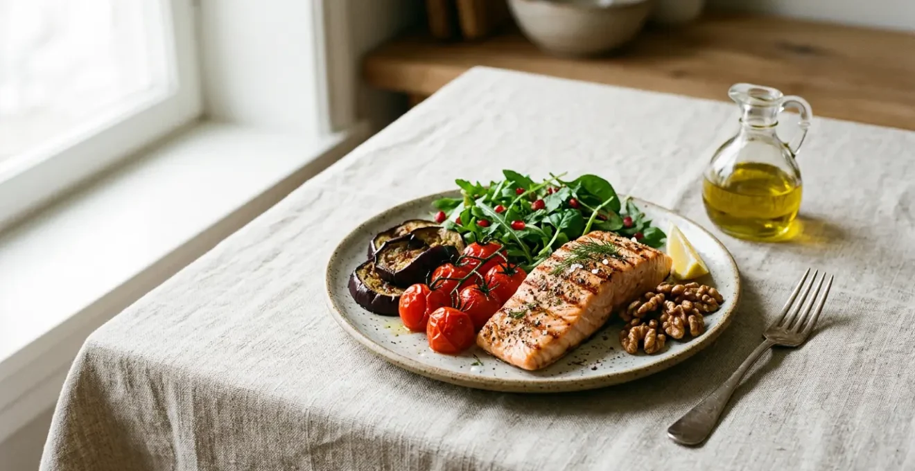 Assiette méditerranéenne colorée avec légumes frais, poisson et huile d'olive pour seniors