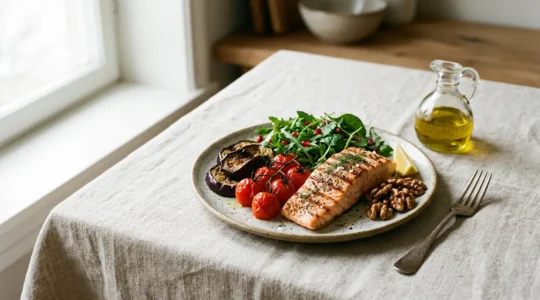 Assiette méditerranéenne colorée avec légumes frais, poisson et huile d'olive pour seniors
