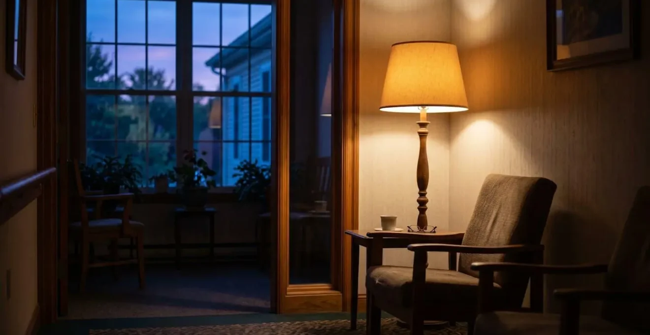 Ambiance de fin de journée dans un intérieur avec lumière déclinante créant des zones d'ombre