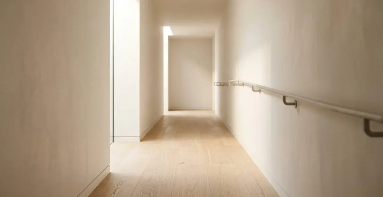 Vue symbolique d'un intérieur de maison sécurisé avec éclairage doux et surfaces dégagées