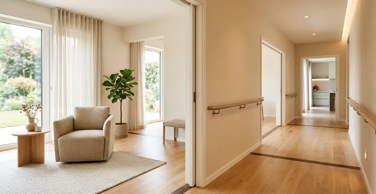 Intérieur d'un logement moderne et lumineux avec des aménagements adaptés aux seniors pour maintenir l'autonomie