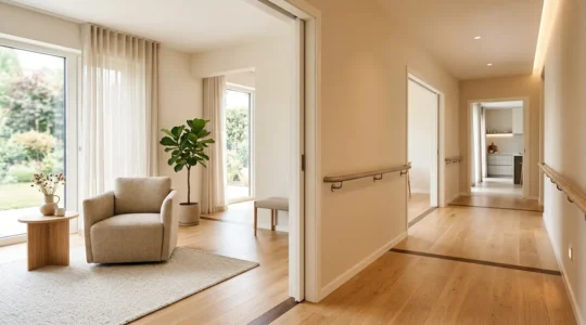 Intérieur d'un logement moderne et lumineux avec des aménagements adaptés aux seniors pour maintenir l'autonomie