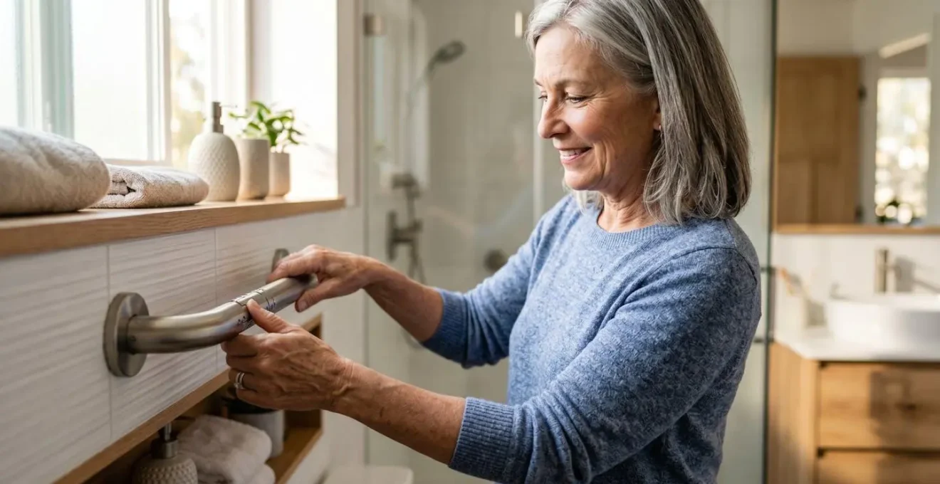 Mains d'une personne senior installant sereinement une barre d'appui design dans une salle de bain lumineuse