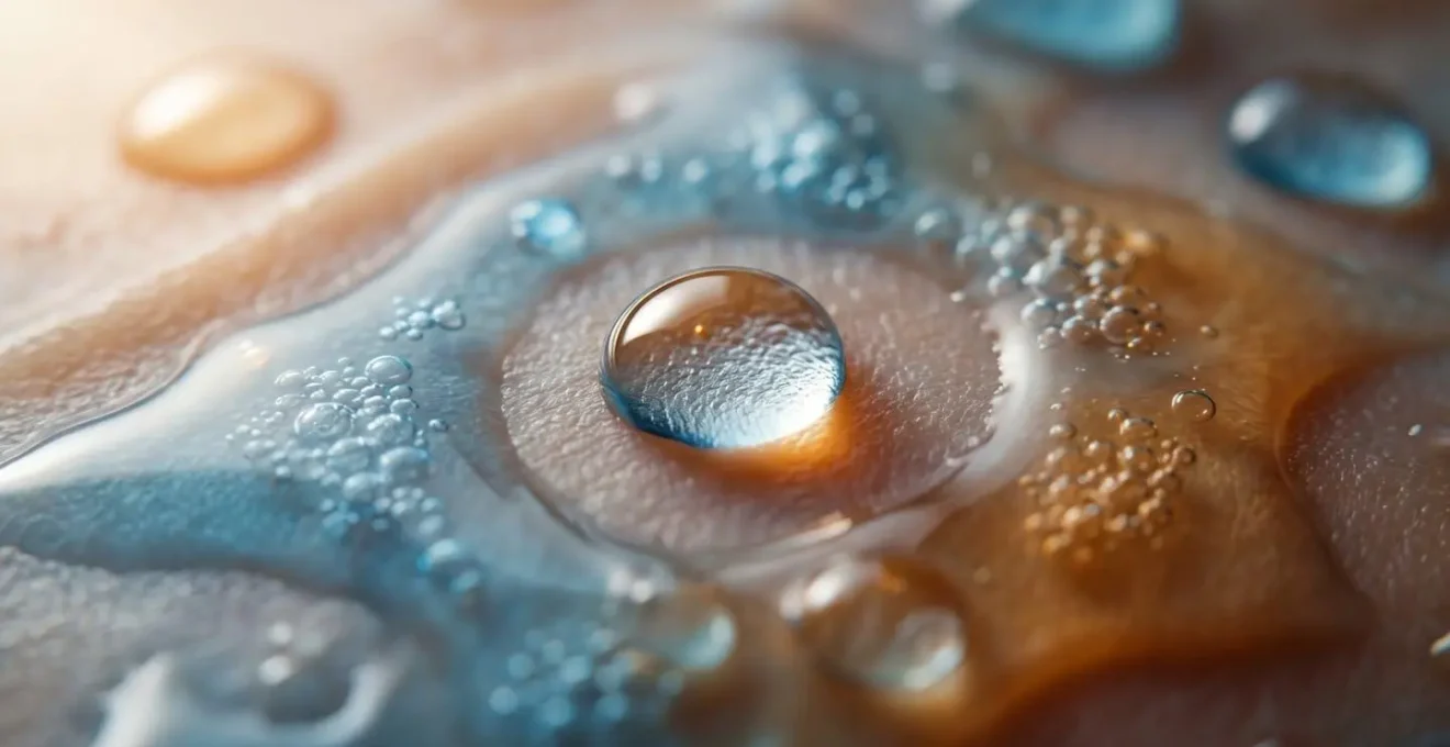 Gros plan macro sur des bulles d'eau et texture fluide évoquant le liquide synovial