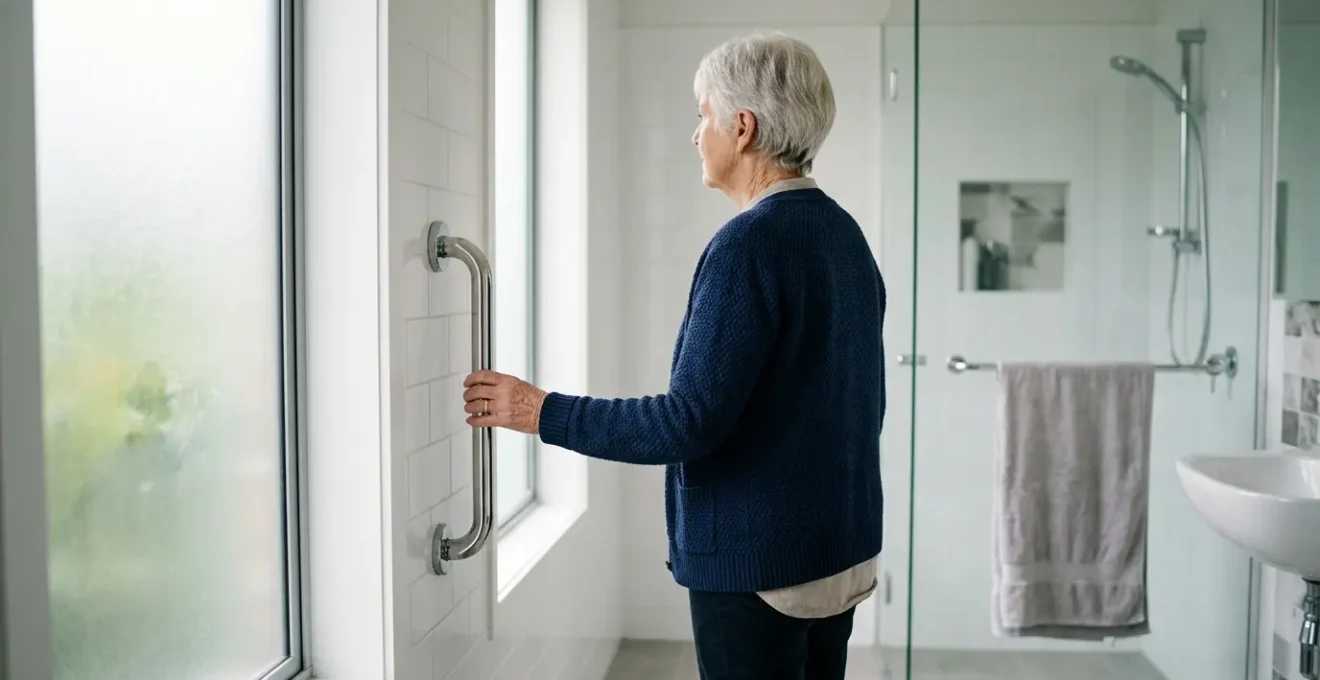 Personne senior effectuant sa toilette en toute autonomie dans une salle de bain adaptée et sécurisée