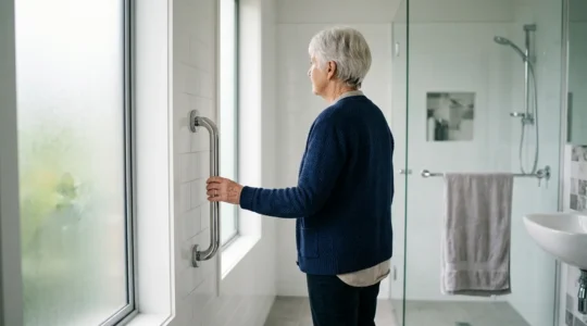 Personne senior effectuant sa toilette en toute autonomie dans une salle de bain adaptée et sécurisée
