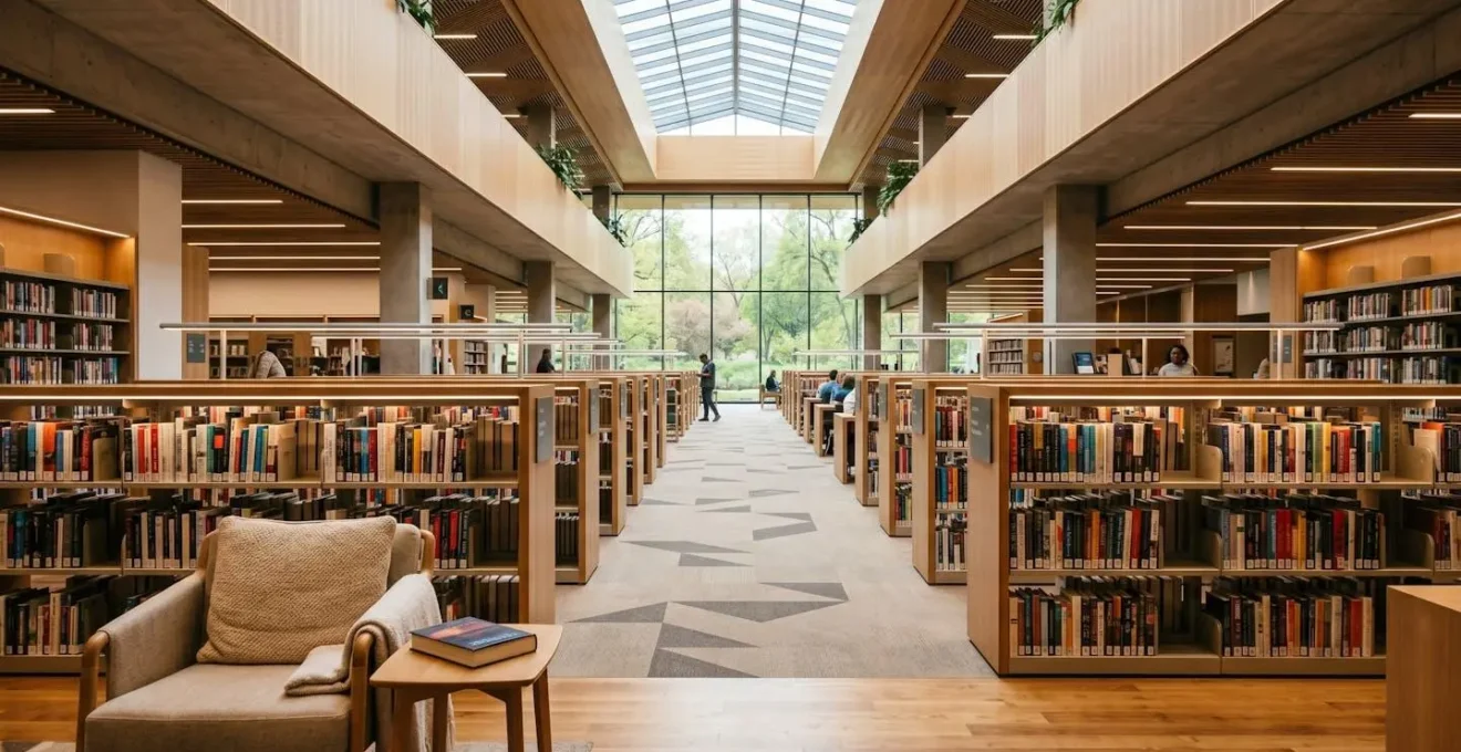 Intérieur d'une médiathèque moderne avec espaces de lecture confortables et lumineux