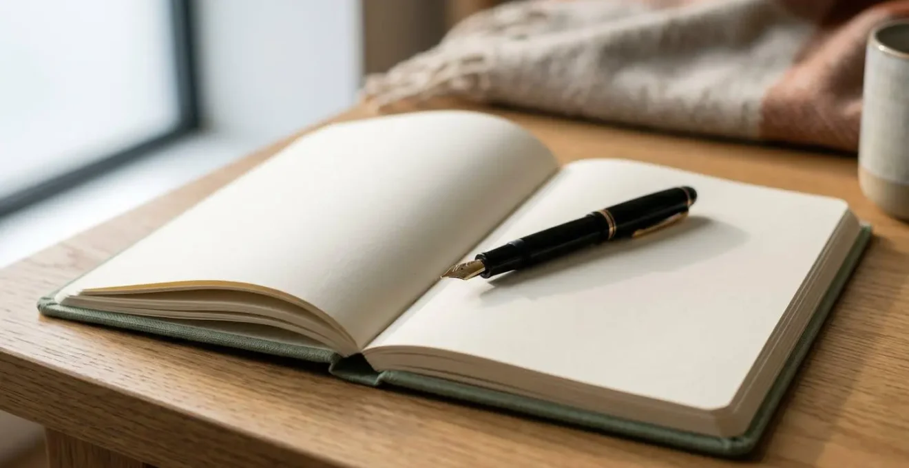 Cahier de liaison ouvert sur une table avec stylo et lumière naturelle douce