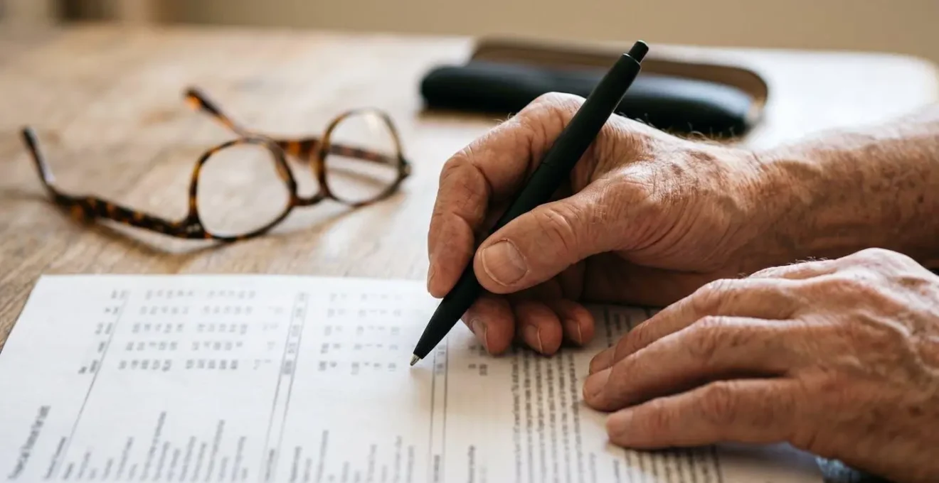 Gros plan sur des mains de senior calculant un budget avec documents et lunettes