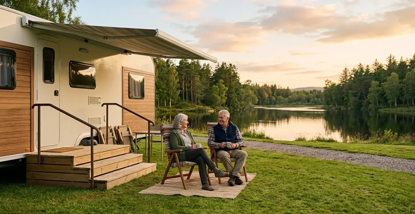 Campement senior paisible entouré de nature avec mobil-home moderne