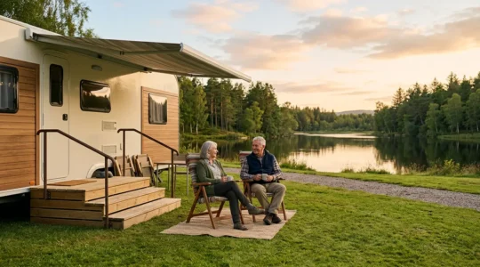 Campement senior paisible entouré de nature avec mobil-home moderne