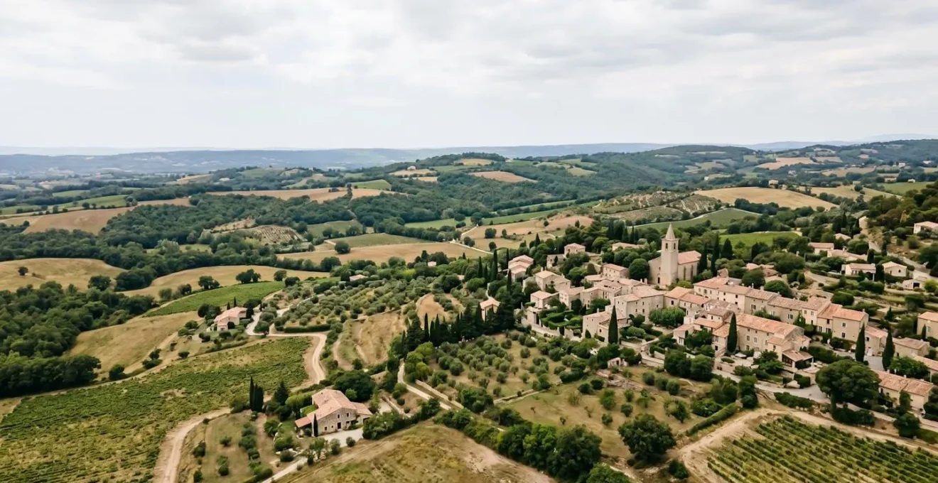 Vue aerienne d'un environnement regional francais typique avec architecture locale et paysages naturels varies