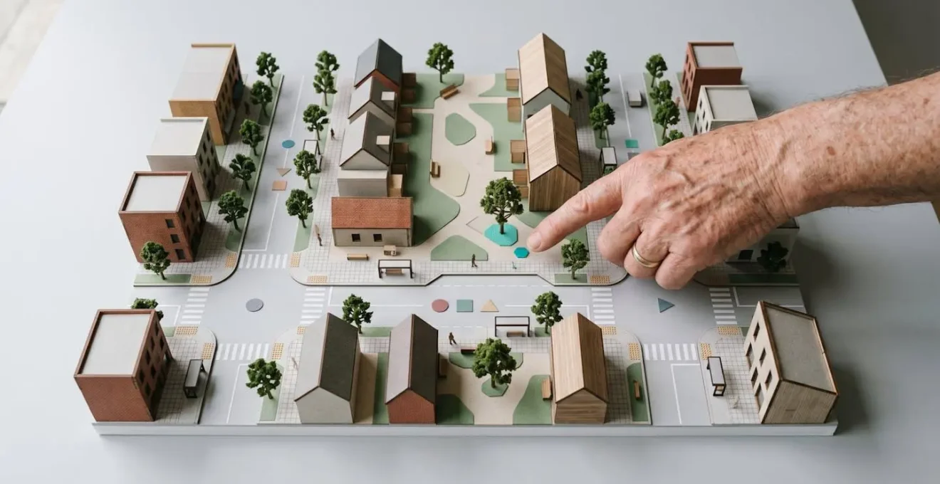 Vue en plongée d'une carte de quartier urbain avec des repères de mobilité pour seniors