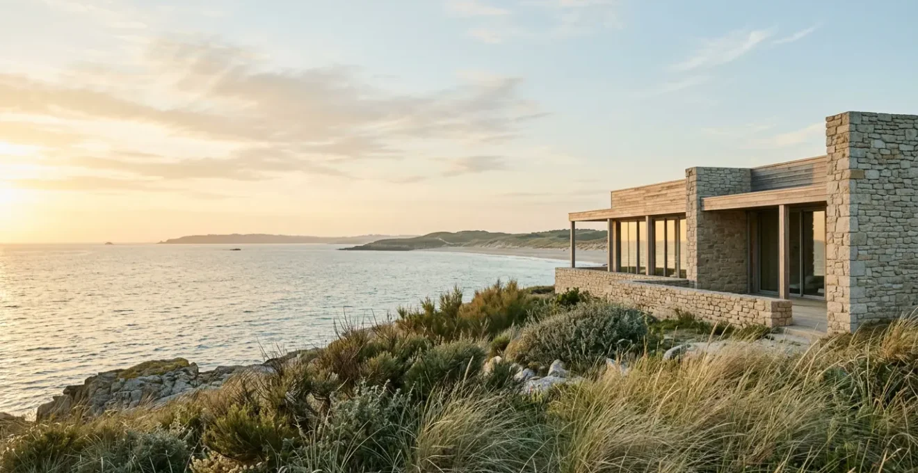 Paysage côtier français avec architecture de thalassothérapie en bord de mer