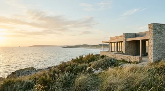 Paysage côtier français avec architecture de thalassothérapie en bord de mer
