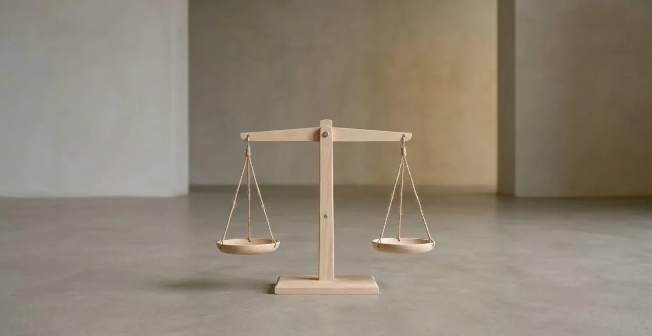 Balance symbolique en équilibre sur une surface minimaliste avec lumière naturelle