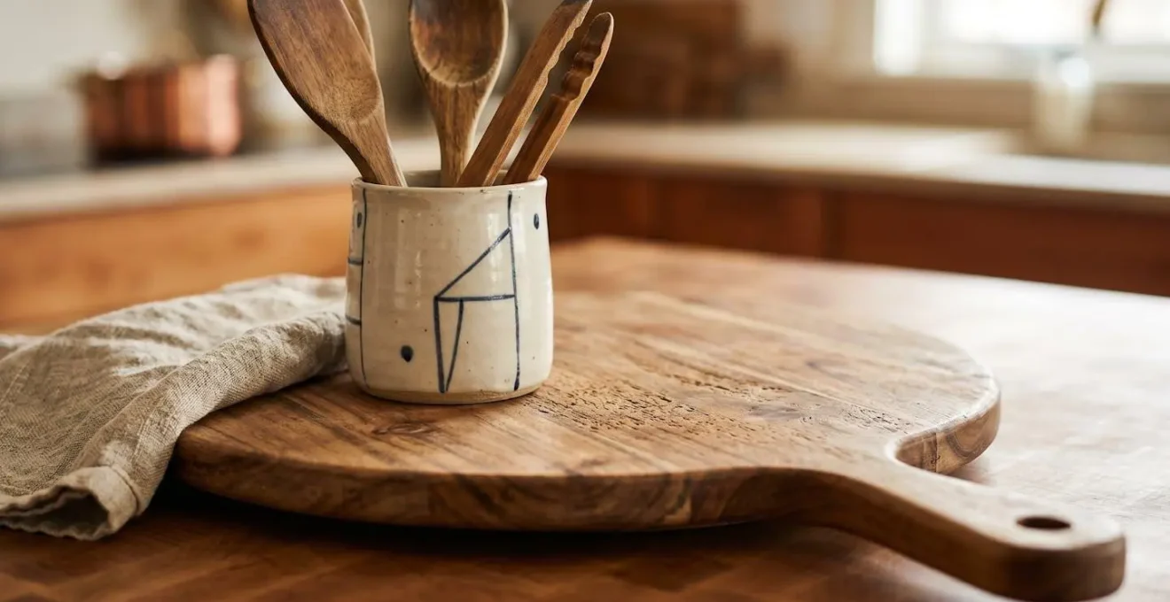 Détail macro d'un plateau tournant en bois avec épices et ustensiles de cuisine disposés de manière organisée