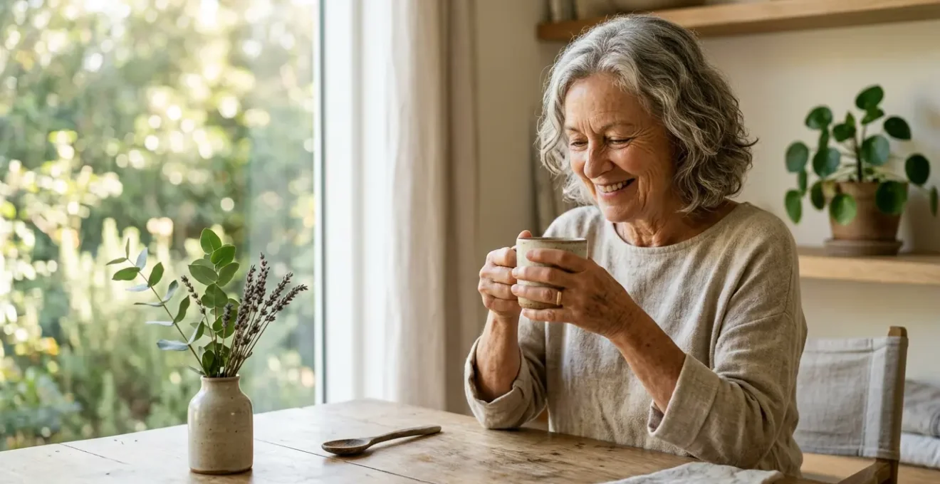 Senior épanoui pratiquant une activité de bien-être dans un environnement lumineux et naturel