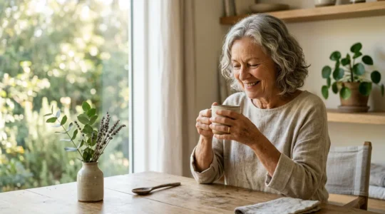 Senior épanoui pratiquant une activité de bien-être dans un environnement lumineux et naturel
