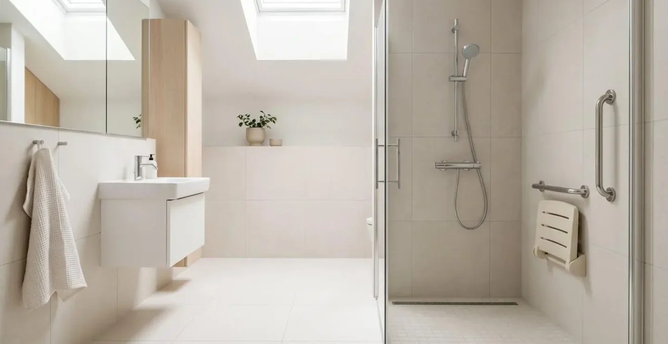 Vue d'ensemble d'une douche à l'italienne sécurisée avec siège rabattable et barre d'appui murale