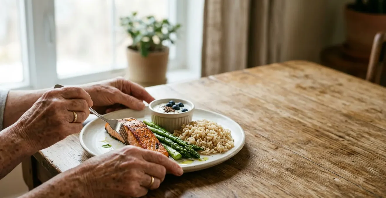Composition d'assiette équilibrée pour senior de 70 ans avec portions adaptées et variété nutritionnelle