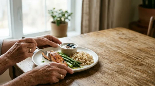 Composition d'assiette équilibrée pour senior de 70 ans avec portions adaptées et variété nutritionnelle