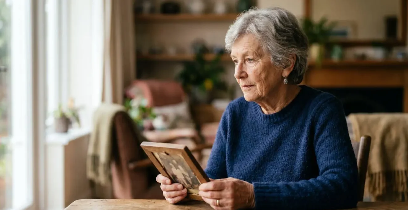 Moment intime de reflexion d'une personne senior evaluant ses besoins dans un espace calme et lumineux