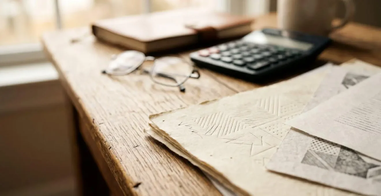 Gros plan sur des documents administratifs avec calculatrice et lunettes, lumière naturelle douce