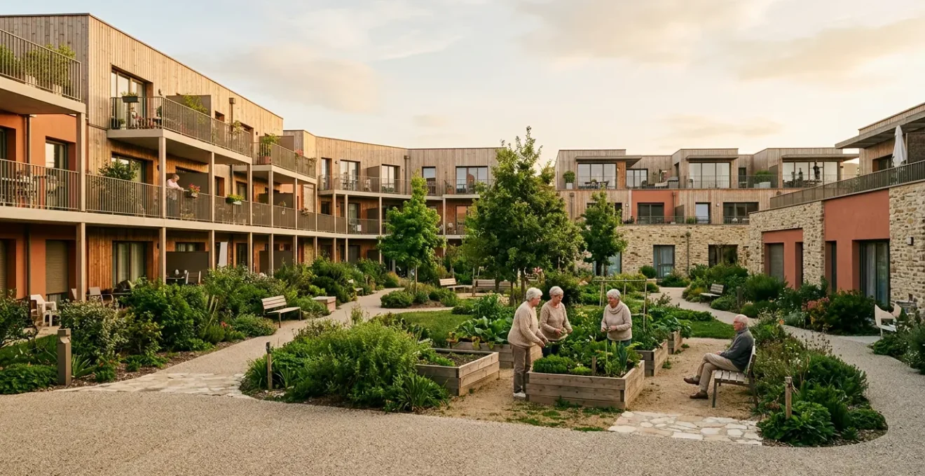 Seniors vivant en harmonie dans un habitat partagé avec espaces communs et logements individuels en France