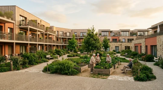 Seniors vivant en harmonie dans un habitat partagé avec espaces communs et logements individuels en France