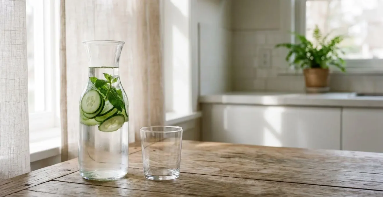 Carafe d'eau transparente avec des tranches de concombre et feuilles de menthe fraîche sur une table lumineuse