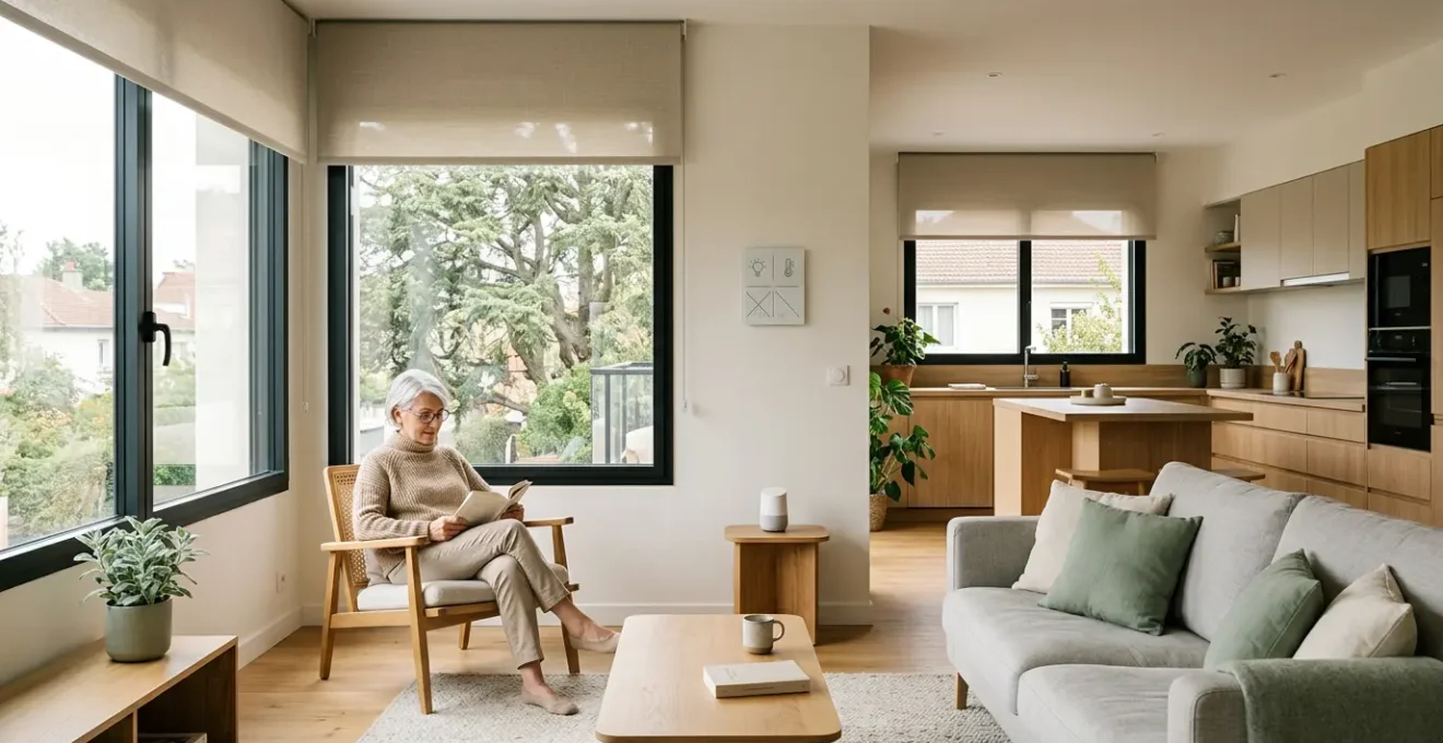 Intérieur moderne et lumineux d'un logement senior avec équipements domotiques discrets intégrés dans un environnement chaleureux